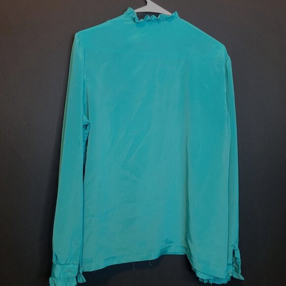 Vintage Polyester Blouse Turquoise Ruffle 70s Union Made Button Front Sz 38 Lrg - Picture 11 of 11